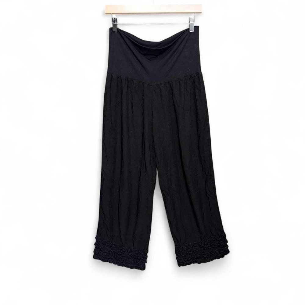 Baik Baik Honolulu Black Cropped Ruffle Bottom Pants Foldover Waist L / XL Rayon - Picture 1 of 8